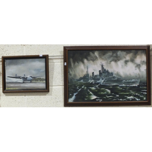 174 - T J Oswald, 'Wet Runway, a Blackburn Beverley C I landing', signed oil on board, 30 x 39cm and J E W... 