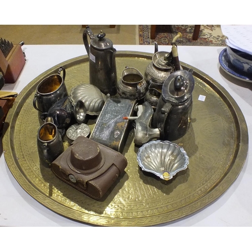 181 - A brass circular Benares tray, plated tea services, other metalware, two cameras and miscellanea.