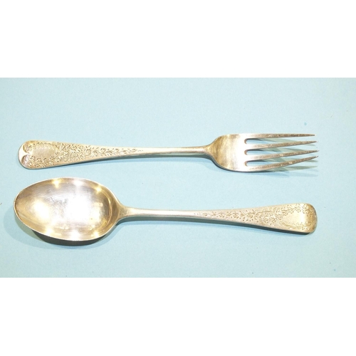 201 - A silver Victorian chutney spoon and fork, London 1886, with engraved decoration.