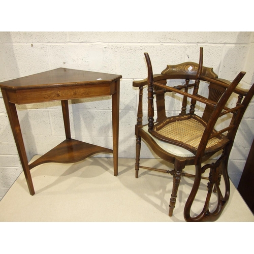 64 - An Edwardian inlaid rosewood corner table on square tapered legs with serpentine under-tier, 65cm wi... 