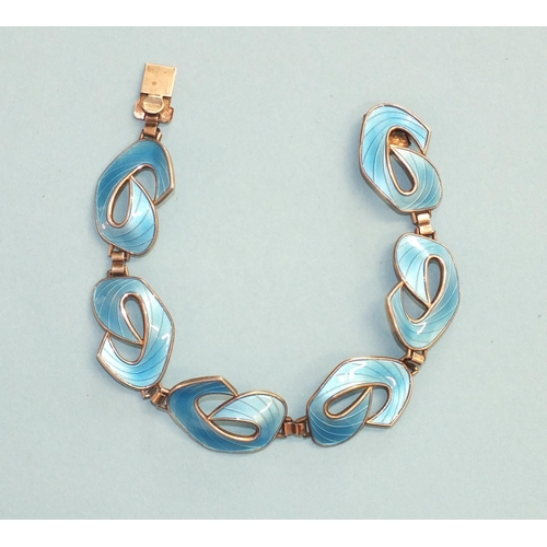 284 - Ivar T Holth, a Norwegian silver and blue guilloche enamel link bracelet of six stylised 'C'-shaped ... 