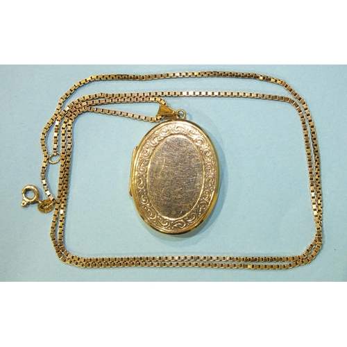 287 - A modern 9ct gold oval locket pendant on 9ct gold box-link chain, 59.5cm long, gross weight 17.9g.