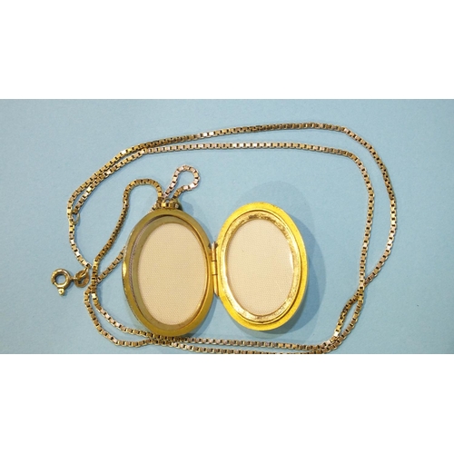 287 - A modern 9ct gold oval locket pendant on 9ct gold box-link chain, 59.5cm long, gross weight 17.9g.