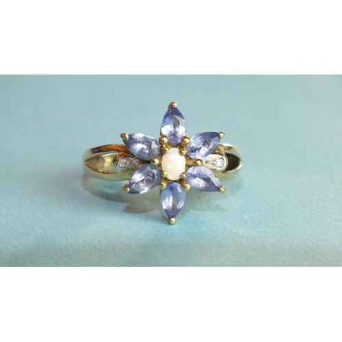 291 - A tanzanite and opal cluster ring with diamond-point-set split shoulders and 10k gold mount, size N,... 