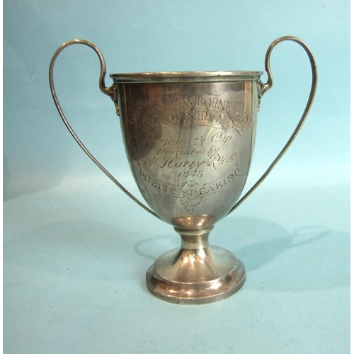 31 - A plain two-handled trophy cup on circular foot, engraved Falmouth and Camborne Division Young Conse... 