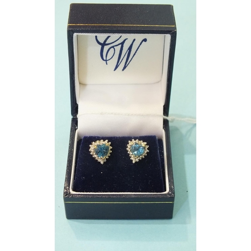 316 - A pair of blue topaz and diamond heart-shaped cluster earrings, with 9ct gold mounts, 2.6g, (boxed).