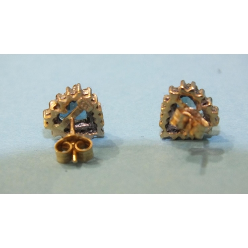 316 - A pair of blue topaz and diamond heart-shaped cluster earrings, with 9ct gold mounts, 2.6g, (boxed).