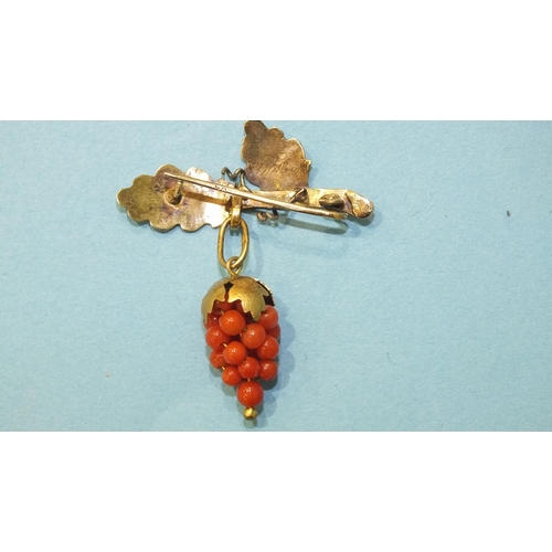 321 - A small gold brooch in the form of leaves, with gilt metal-mounted coral grape bunch below, a pair o... 