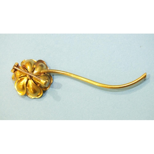 336 - An unusual flower brooch of two concentric rows of textured petals, around a claw-set diamond, on lo... 