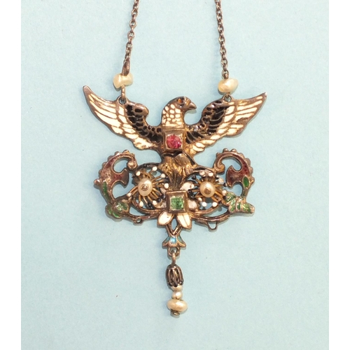 338 - A 19th century Austro-Hungarian Renaissance Revival pendant on chain in the form of an eagle, in sil... 