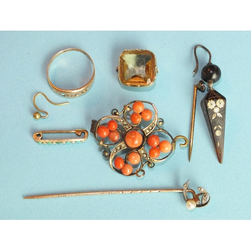 343 - An Edwardian stick pin set a pearl and rose-cut diamonds, (one setting vacant), a Georgian paste bro... 