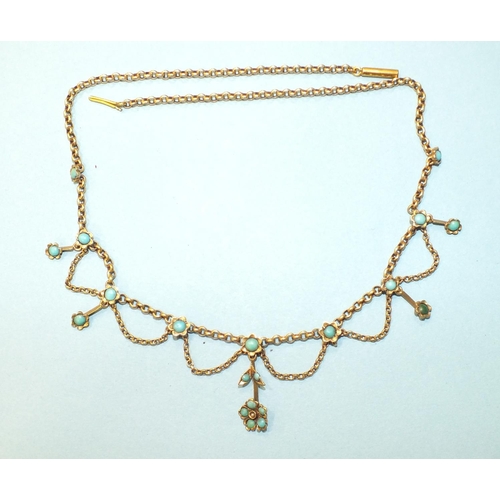 345 - A 19th century silver-gilt turquoise fringe necklace, with flower head turquoise-set drops, marked '... 