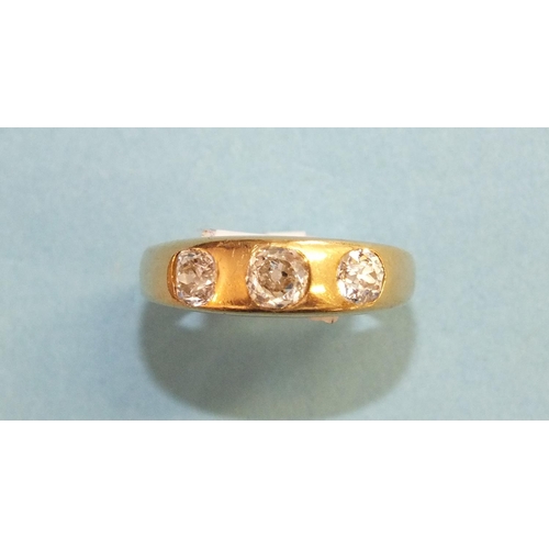 346 - A Victorian 18ct gold gypsy ring set three old brilliant-cut diamonds, size N, 5g, total diamond wei... 