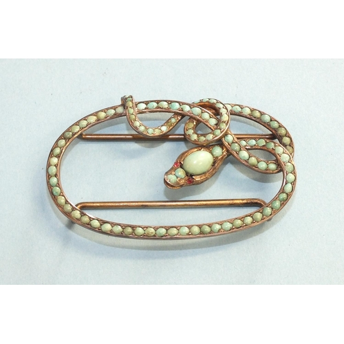 347 - A 19th century silver-gilt snake buckle set turquoise, with red stone eyes, marked '900', 58mm x 36m... 