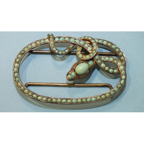 347 - A 19th century silver-gilt snake buckle set turquoise, with red stone eyes, marked '900', 58mm x 36m... 