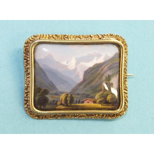 350 - A 19th century Swiss enamel brooch, L'entrée de Louterbrun, the rectangular mountainous view within ... 