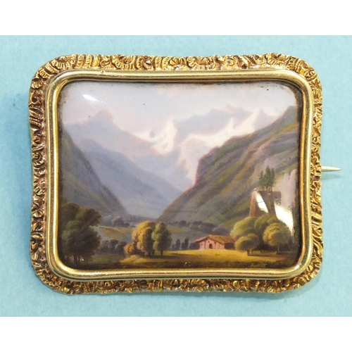 350 - A 19th century Swiss enamel brooch, L'entrée de Louterbrun, the rectangular mountainous view within ... 