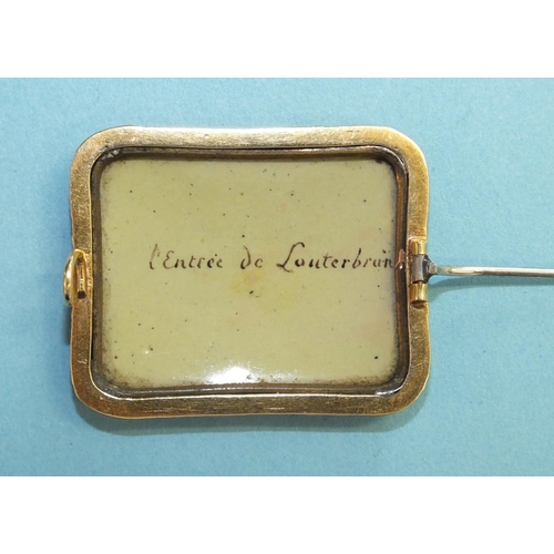 350 - A 19th century Swiss enamel brooch, L'entrée de Louterbrun, the rectangular mountainous view within ... 