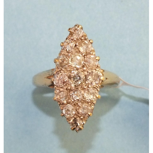 356 - A late-Victorian diamond-set marquise cluster ring, claw-set fifteen graduated old brilliant-cut dia... 