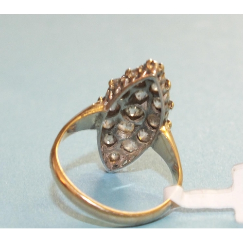 356 - A late-Victorian diamond-set marquise cluster ring, claw-set fifteen graduated old brilliant-cut dia... 