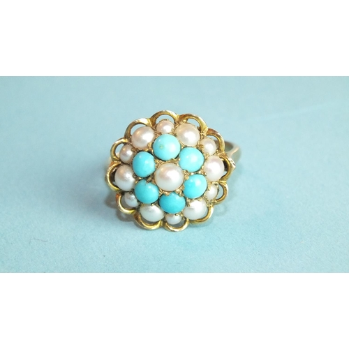 367 - A 9ct gold turquoise and pearl cluster ring, size N, 3.6g.