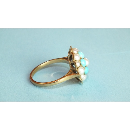 367 - A 9ct gold turquoise and pearl cluster ring, size N, 3.6g.