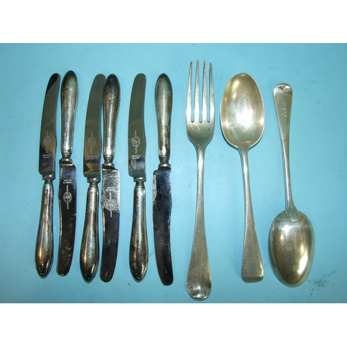 38 - A Georgian Old English pattern table fork, London 1808, a pair of dessert spoons, London 1912 and si... 