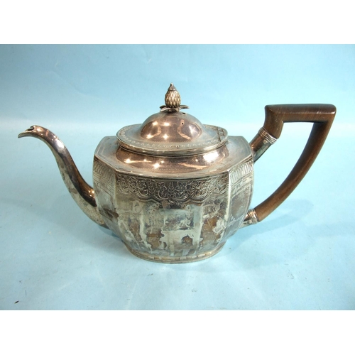 5 - A George III shaped rectangular teapot with oval lid, pineapple finial and wood handle, decorated ov... 