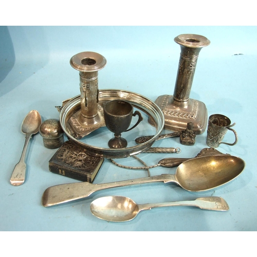 66 - A silver bowl rim, two damaged loaded short candlesticks and other scrap silver, approximately ___12... 