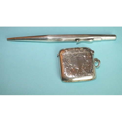 83 - A silver Vesta case, Birmingham 1925 and a sterling silver Life-Long propelling pencil, (2).