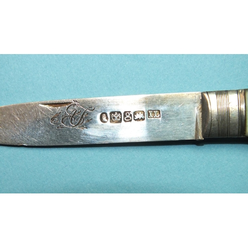 87 - A small silver-bladed fruit knife, the mother-of-pearl handle with etched decoration and inset small... 