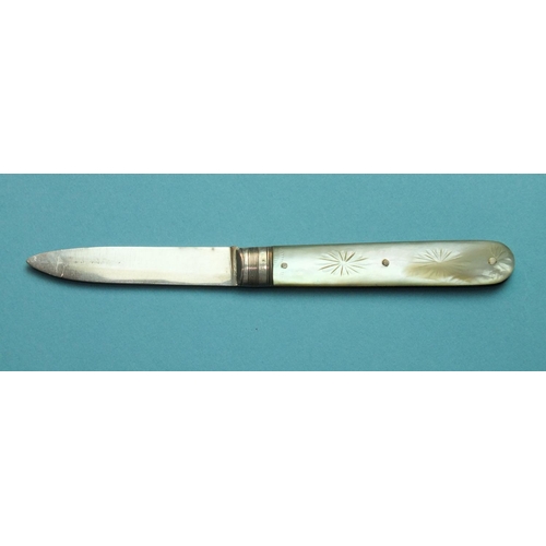 87 - A small silver-bladed fruit knife, the mother-of-pearl handle with etched decoration and inset small... 