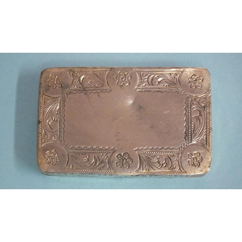 93 - A white metal rectangular snuff box with engraved floral and scroll decoration, unmarked, 7.5 x 4.8c... 