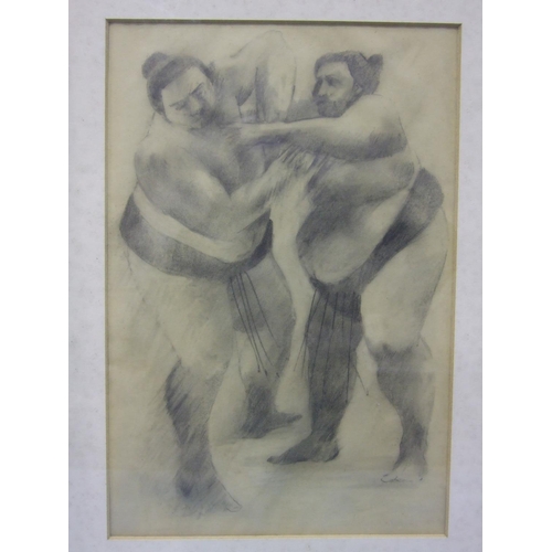 552 - John Werner (?) SUMO WRESTLERS Pastel, indistinctly signed, dated 