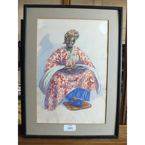 553 - M F, 20th Century BELA, STUDY OF A MOROCCAN MAN WEARING A RED HAT Watercolour signed with initials, ... 