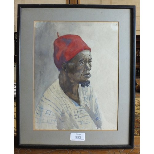 553 - M F, 20th Century BELA, STUDY OF A MOROCCAN MAN WEARING A RED HAT Watercolour signed with initials, ... 