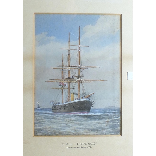 565 - Capt. Nowell-Salmon VC (?) HMS DEFENCE WITH A VESSEL FOLLOWING Indistinctly signed watercolour, date... 