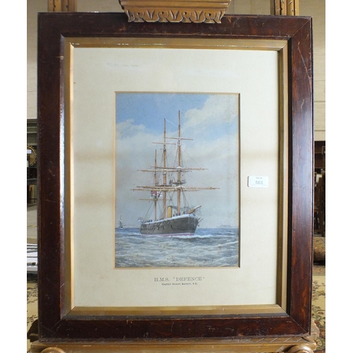 565 - Capt. Nowell-Salmon VC (?) HMS DEFENCE WITH A VESSEL FOLLOWING Indistinctly signed watercolour, date... 