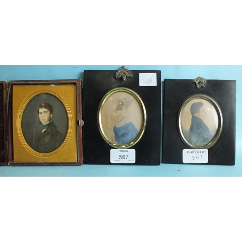 567 - A Victorian portrait miniature of a young man, within gilt mount and velvet-lined leather case, 13 x... 