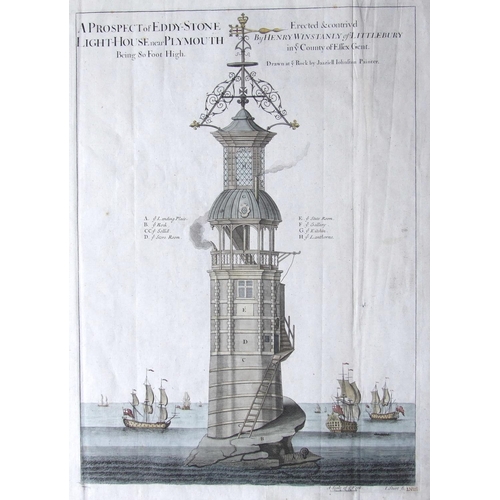 601 - A hand-coloured engraving, A Prospect of Eddy-Stone Light-House near Plymouth Being 80 Foot High. Er... 