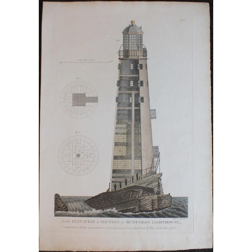 604 - A hand-coloured engraving, No.6, South Elevation & Section of Rudyerd's Lighthouse Completed in 1709... 