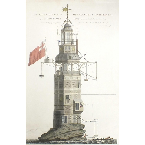 605 - A hand-coloured engraving, South Elevation of Winstanley's Lighthouse upon the Edystone Rock, as it ... 