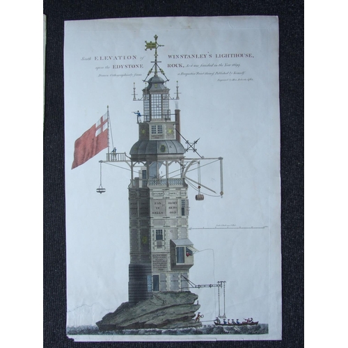 605 - A hand-coloured engraving, South Elevation of Winstanley's Lighthouse upon the Edystone Rock, as it ... 