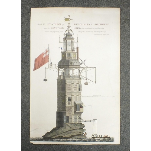 605 - A hand-coloured engraving, South Elevation of Winstanley's Lighthouse upon the Edystone Rock, as it ... 