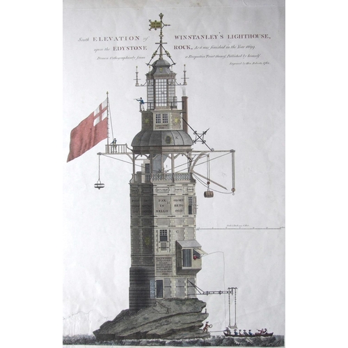 605 - A hand-coloured engraving, South Elevation of Winstanley's Lighthouse upon the Edystone Rock, as it ... 