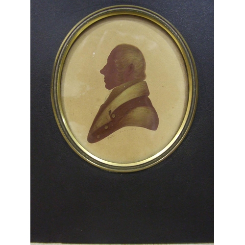 607 - A 19th century sepia painted silhouette portrait, signed Foster pinx, dated 1894, within an oval gil... 