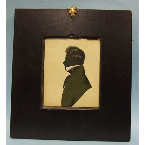 612 - An early-19th century rectangular painted portrait silhouette of E J J G Edwards in black and green ... 