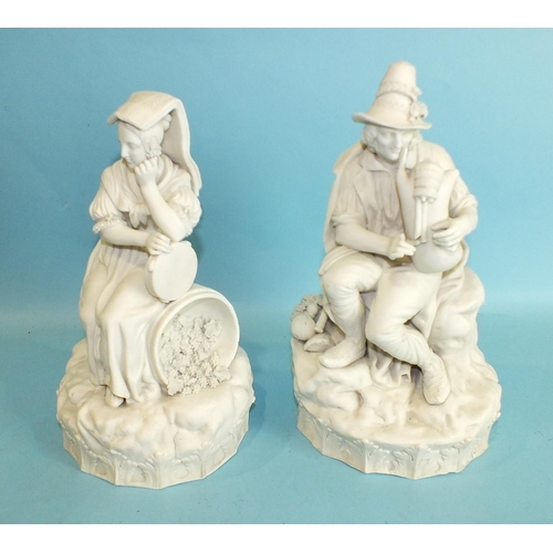 767 - A pair of 19th century Continental parian ware figure groups depicting country figures, the female s... 