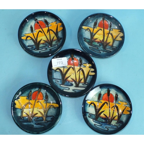 773 - Five modern Moorcroft circular pin dishes decorated with the 'Reeds at Sunset' pattern, 11.7cm diame... 