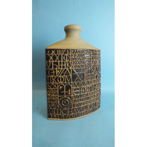 776 - A Tremaen studio pottery sculptural hieroglyphic table lamp base of tapering rectangular form, 36cm ... 